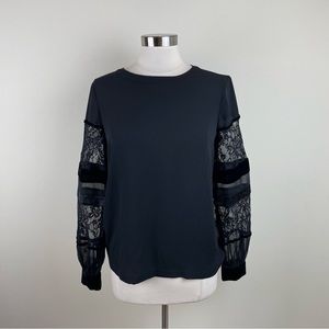 LOFT Solid Black Long Sleeve Lace Velvet Floral Blouse Top Women Size Small